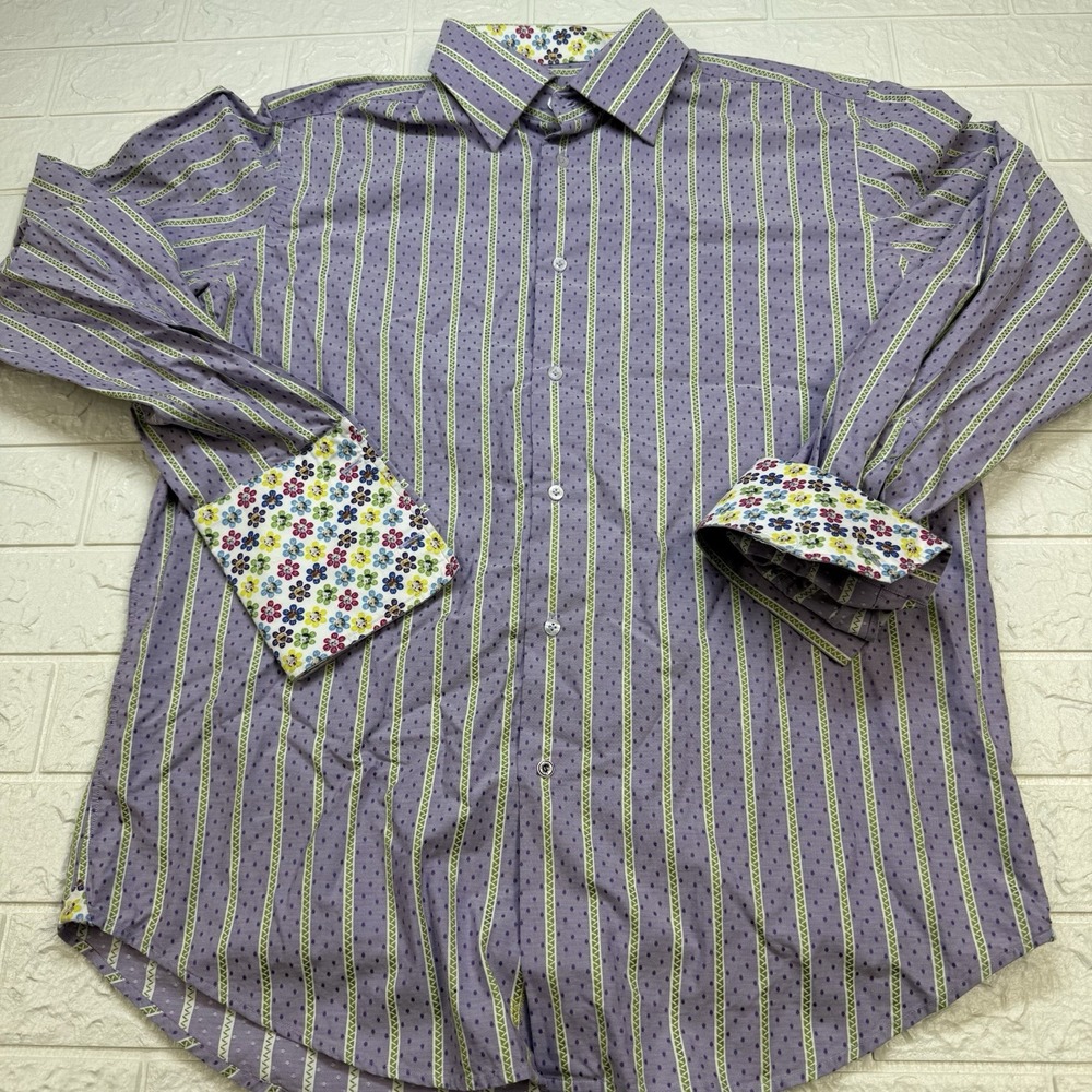 Robert Graham Mens Dress Shirt L 16.5 Dog Daisy Flip Cuff Purple Stripe Luxury